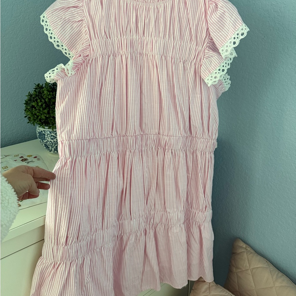 AUREUM Pink White Striped Eyelet Sleeve Tiered Dress - Picture 3 of 12